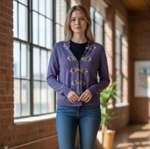 South Cotton Hand Loomed Blue Floral Heavy Knit Cardigan Sweater Size XL